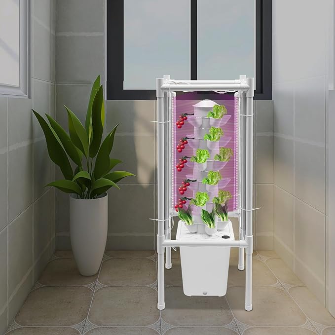 Hydroponic Growing System, 30-Plant Vertical Gardening System with 4 LED Grow Lights, 6-Layer Tower, Hydroponic System for Herbs, Fruits and Vegetable (No Seedlings Included) (White)