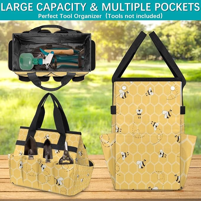 Honeycomb Bee Garden Tool Bag for Women Waterproof & Reusable Heavy Duty Gardening Tote Storage Organizer Toiletry Bag with 10 Pockets for Garden Lawn Yard Casual Camp