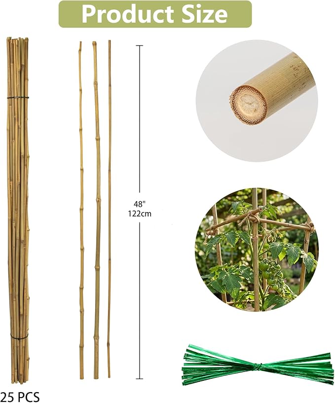 Plant Stakes Natural Bamboo Sticks - 25 Pcs Bamboo Garden Stakes for Plants 4 FT Plant Support Sticks with Twist Ties for Tomatoes Grapes Beans Flowers Indoor Outdoor Potted Climbing Plants