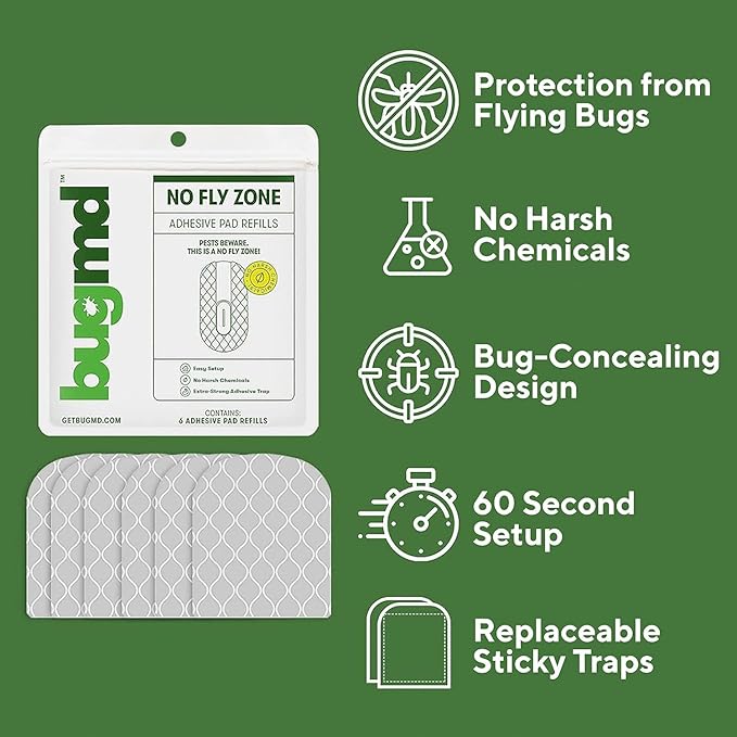 BugMD No Buzz Zone Refiller Pad (6 Refills) - Extra-Strong Adhesive Traps, Indoor Insect Trap Refill, No Harsh Chemicals, Household Friendly, Fly Trap Refill, Flea Trap Refills, Bug Trapper