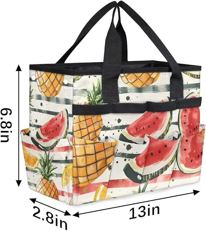 Garden Tool Bag Organizer Garden Tote Bag with Pockets Striped Watermelon Pineapple Tool Storage Organizer Gardening Tool Kit Holder 13" x 6.8" x 2.8"