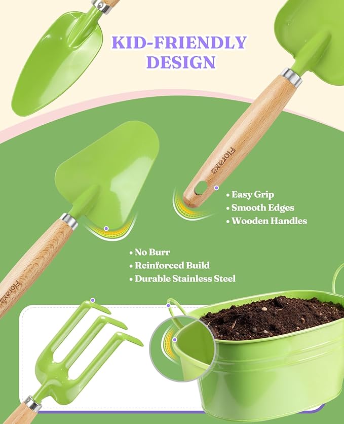8Pcs Kids Gardening Set with Metal Basket & Real Metal Tools, STEM Outdoor Kit, Ergonomic Wooden Handles, 3 Shovels, Rake, Watering Can, Gloves, Gift for Toddler Boys Girls, Green