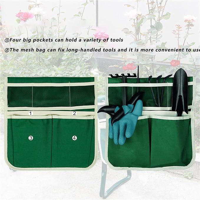 Zerodis Garden Toolkit Bag 4 Large Pockets Oxford Cloth Hanging Organizer with Side Trolley Mount for Gardening Tools and Accessories Garden Stool Storage
