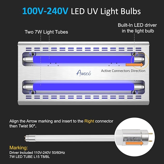 Awoco 11W LED Stainless Steel 100V-240V UV Light Fly Traps Indoor, Sticky Electric Fly Trap for Capturing Flies, Mosquitoes, Moths and Flying Insert, Silent Bug Light for Home, Restaurant, Garage