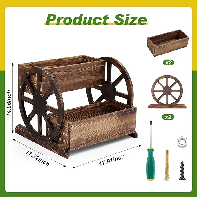 Wooden Wagon Planter Box Decorative Wooden Cart Rustic Flower Pot Garden Wagon Decor with Wheels for Indoor Outdoor Patio Garden Balcony Backyard Decoration (1 Pcs,Unmovable Carriage Style)
