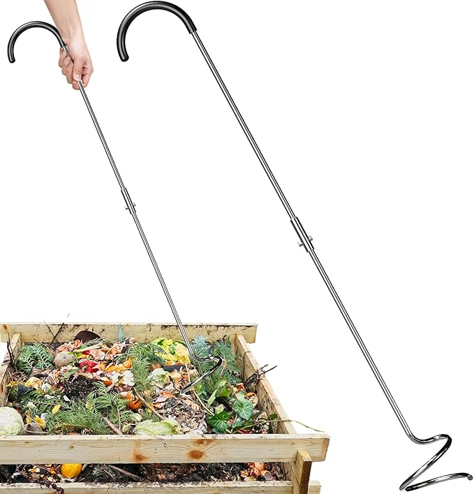 Compost Aerator Tool, Heavy Duty Spiral Compost Turner with Ergonomic Handle, Manual Soil Aeration Tool for Garden Compost Bin and Backyard Pile Mixing