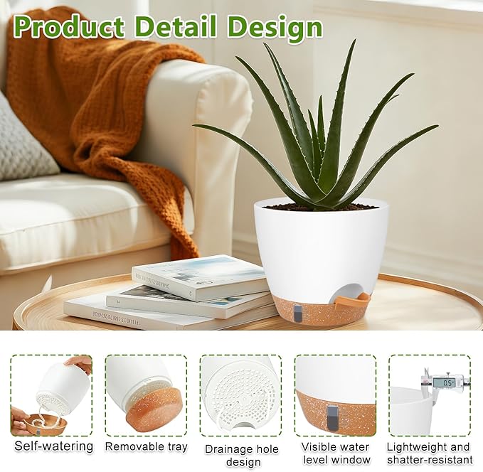 QRRICA Plant Pots 10/9/8/7.5/7 Inch Self Watering Pots, with Drainage Holes and Saucers,Water Level Indicator & Deep Reservoir,Large Plastic Planter for Indoor Out Door Plants (White)