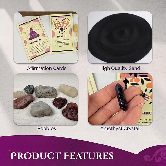 Wooden Zen Garden with Daily Affirmation Cards for Women and Men | Midnight Purple Sand with Rake & Amethyst Wand | Affirmations for Mindfulness, Meditation, and Inspiration | Beautiful 52 Card Deck