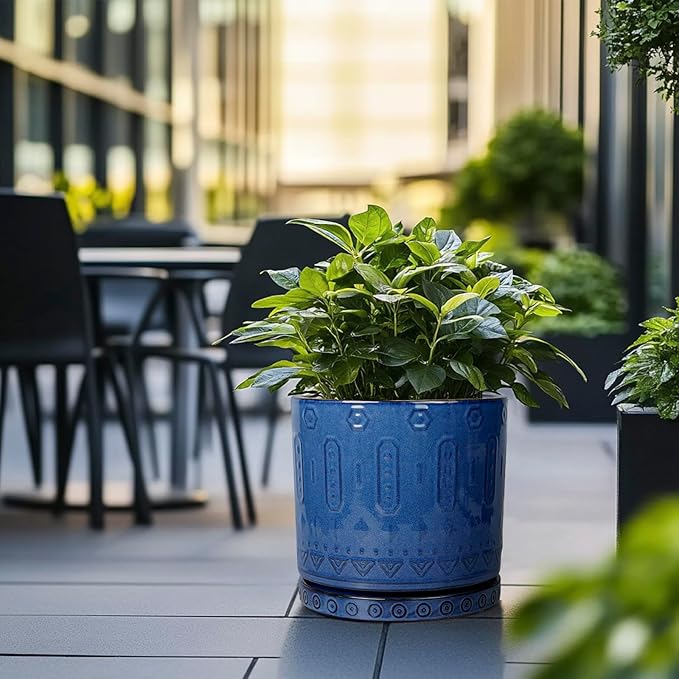 Eightpot 12 Inch Pot for Plants - Ceramic Planter for Indoor Plants Large Plant Pot with Drainage Holes and Saucer Outdoor Flower Pot Decorative Round Planter for Porch Office Decor Blue