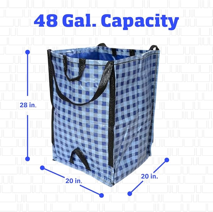 DURASACK Heavy Duty Home and Yard Bags 48-Gallon Reusable Self-Standing Lawn and Leaf Bags Garbage Can with Reinforced Handles, Gingham Blue