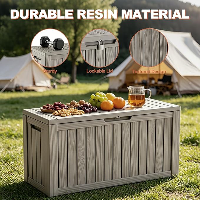 EFU Outdoor Storage Box 80 Gallon Deck Box (Indoor & Outdoor) Lockable UV Resistance Waterproof Resin Storage Bin Storage Box for Outdoor,Patio Storage With Support Rod(Taupe)