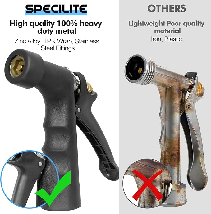 SPECILITE 3/4" Hot/Cold Garden Hose 50 ft with Industrial High Pressure Nozzle, Flexible & Lightweight, 600psi Burst Rubber Water hose -50℉-158℉ With 3/4" Brass Fittings for Yard, Black