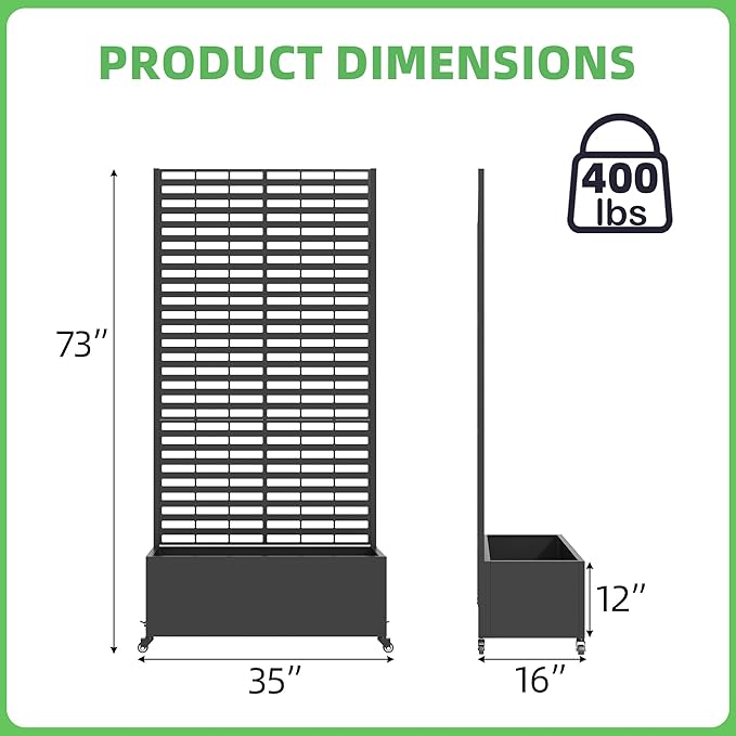 Metal Planter Box with Trellis, 73"x 35"x 16" Raised Garden Bed with Wheels and Drainage Holes, Planter with Trellis for Garden, Balcony and Patio, Black Louvered