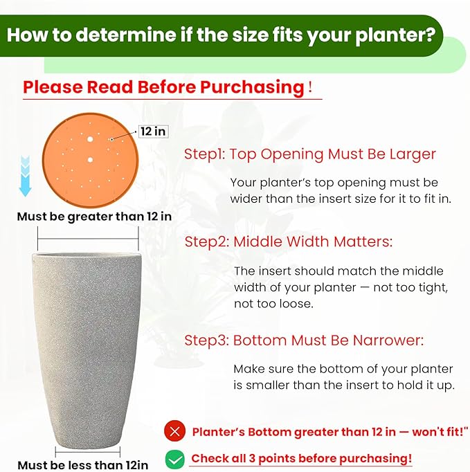 2-Pack Round Planter Insert - Plant Pot Insert with Drainage Holes, Use Less Potting Soil, Planter Accessories for Indoor & Outdoor Use (12 inch)