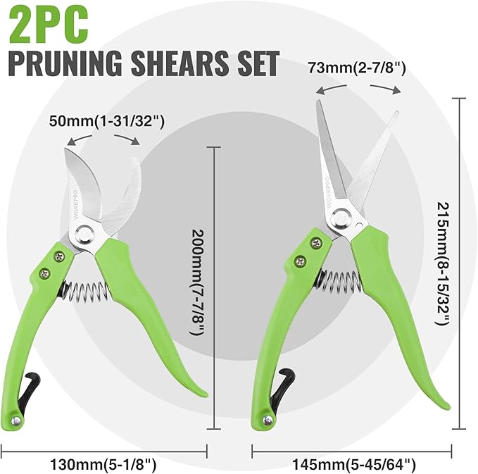 WORKPRO Garden Clippers, 2 Pcs Flower Scissors Include 8" Bypass Pruner and 8.5'' Straight Blade Shear, Professional Pruning Shears Kit for Cutting Flowers, Trimming Plants, Fruits Picking