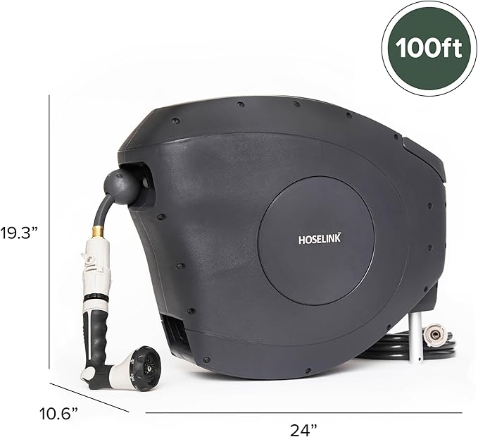 HOSELINK Classic Charcoal 100ft Automatic Retractable Hi-Flow Garden Hose Reel, 1/2" UV-Stabilized Kink-Free Hose, Wall Mounted Complete Watering Solution for Backyard, Garden & Outdoor