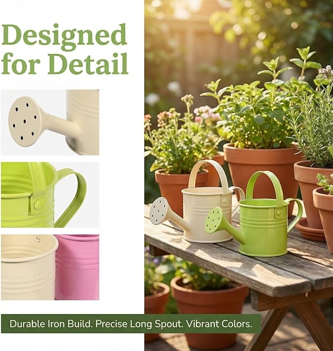 NUOBESTY 5Pcs Mini Kids Watering Can Set, Metal Cans Toddlers Small Long Spout Watering Can for Garden Play, Indoor Balcony Plants, Patio Flowers, Little Hands (Random Colors)