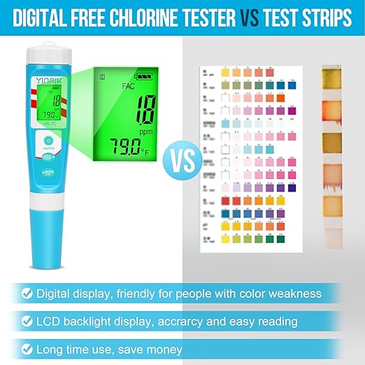 pH Chlorine Meter, Digital ORP Meter, Salinity Tester for Saltwater Pool, pH PPM EC Monitor for Hydroponics, SPA 7 in 1 pH Test Kit