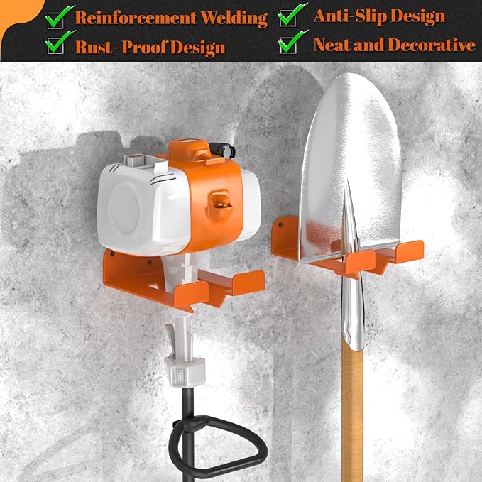 Garage Organizer Trimmer Rack Weedeater Hanger, Garden Power Tool Hanger Weed Whackers Holder Wall Mounted, Heavy Duty Metal Trimmer Hanger for Garage Tool Organizers Storage (Orange-1Pcs)