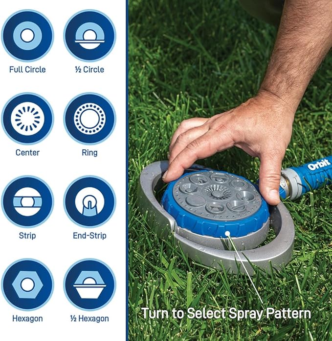 Orbit Metal 8-Pattern Turret Sprinkler – Adjustable Spray, Weighted Base, Covers Up to 35 ft (28252)