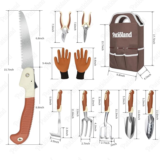 10-Piece Garden Tool Set – Brown Gardening Hand Tools with Non-Slip Handles, Heavy Duty Rust-Proof Aluminum Tools, Organizer Tote Bag, Ideal Gardening Gifts for Women & Grandma