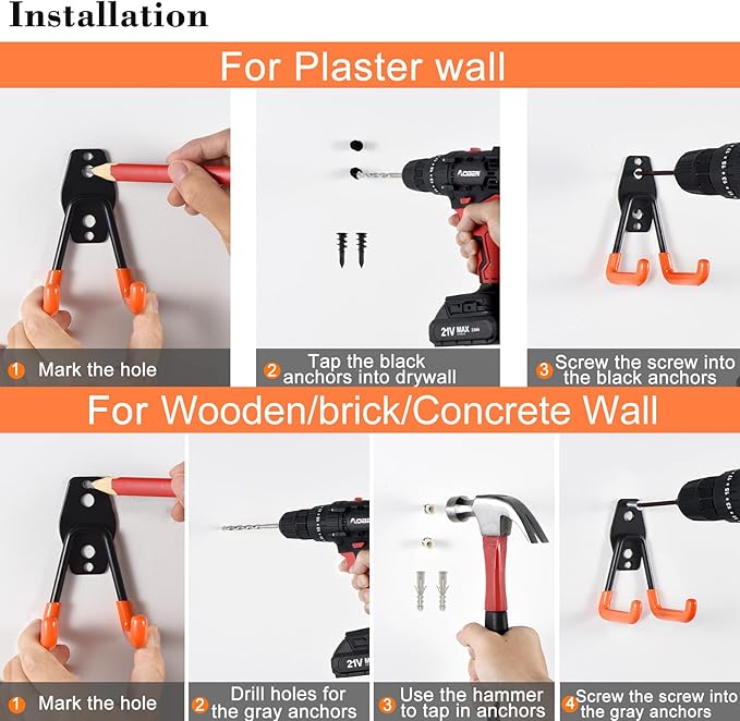 AOBEN 24PCS Garage Hooks, Heavy Duty Double Garage Hanger Organizer Wall Mount Iron Anti-Slip Garage Storage Hooks for Ladder, Power Tool,Bike,Ropes（23 Hooks & 1 hoder Strap-Gray