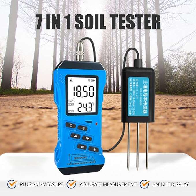 7 in 1 Soil Tester, Digital PH Moisture Nutrient Conductivity EC Meter, High Accuracy NPK Fertility Test for Gardening