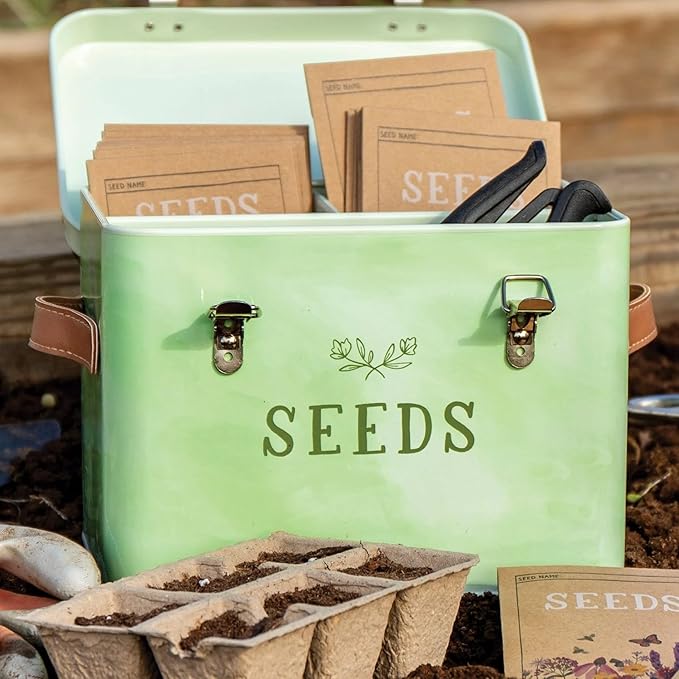 1Canoe2 Tin Seed Organizer Storage Box, Garden Seed Packet Vault Container, Gardening Supplies, Greenhouse Accessories, Gardening Gifts for Women (Green)