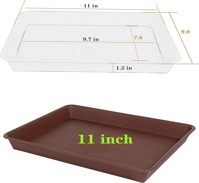 VUWEZ 4 Pack Plant Saucer Tray Rectangular, Plant Saucers for Indoors, Heavy Sturdy Plastic Plant Drainage Trays, Plant Drip Trays for Pots, Seed Starter Growing Tray (11 x 9 inch, Chocolate)