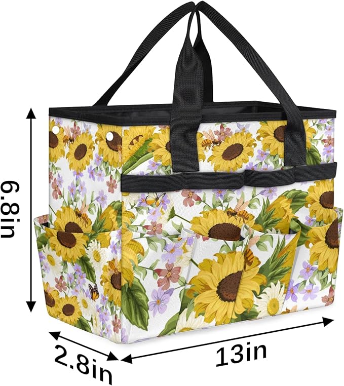 Garden Tote Bag with Pockets Sunflower Gardening Bags for Tools Organizer Heavy Duty Storage Bag with Handle for Lawn Yard Casual