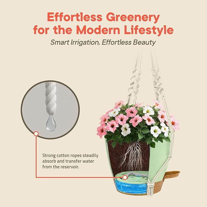 Green Hanging Self Watering Pots with Macrame Ivory Rope, 3 Pack Indoor & Outdoor Hanging Plant Pots with Built-in Reservoir, Wick Rope, Drainage Holes & Hooks, Stylish Boho Decor Hanging Planter