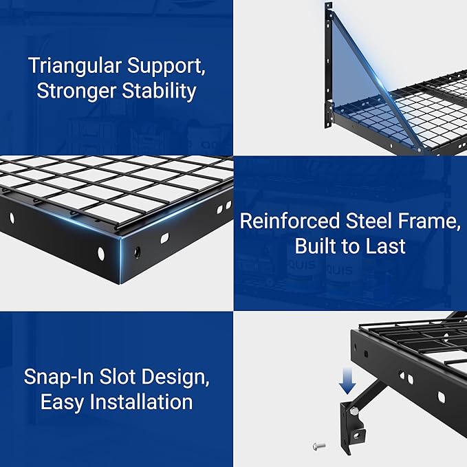 FLEXIMOUNTS 2-Pack 2x4ft Garage Wall Shelving with 4 Hooks - Heavy Duty Garage Storage System, 660 lbs Load Capacity with Brace Guardrail, Wall Mounted Organization for Bikes, Tools, Bins, Pro Series