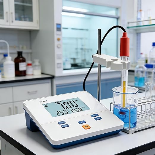 Lab Benchtop pH Meter Digital pH Meters with 1-2Points Auto Calibration Bench Top pH Meter with 6.0 inch High Definition Screen Science Lab pH Meters for Soil Salt Water Test (Model AMT611)