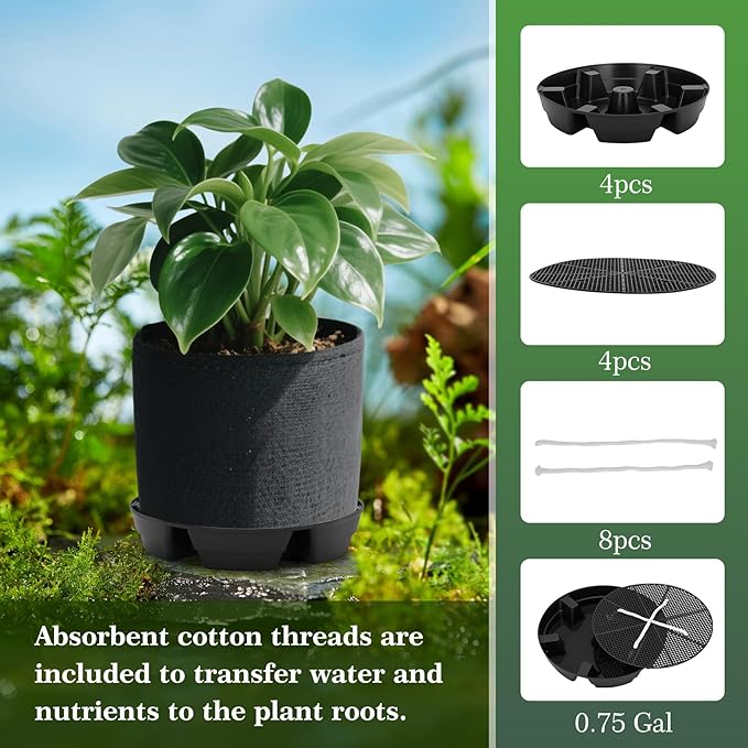 4-Pack Self Watering Fabric Pot Base, Auto Pots Fit for 5 Gallon Grow Bags, Auto-Irrigation Water Delivery System , Auto Watering Plant Saucer for Fabric Planters 3 Year Warranty (Capacity Upgrade)