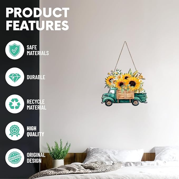 Quterhero Sunflower Truck Wall Decor, Metal Hanging Art for Home Porch or Indoor Outdoor Wall, Vintage Farmhouse Gift for Mom, Women, Friends(Green Truck)