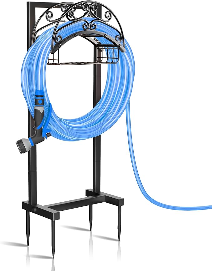 Garden Hose Holder - Freestanding Water Hose Holders for Outside with Storage Basket, Heavy Duty Hose Stand Organizes 150ft Hose Storage Hanger Rack for Yard Lawn Farm