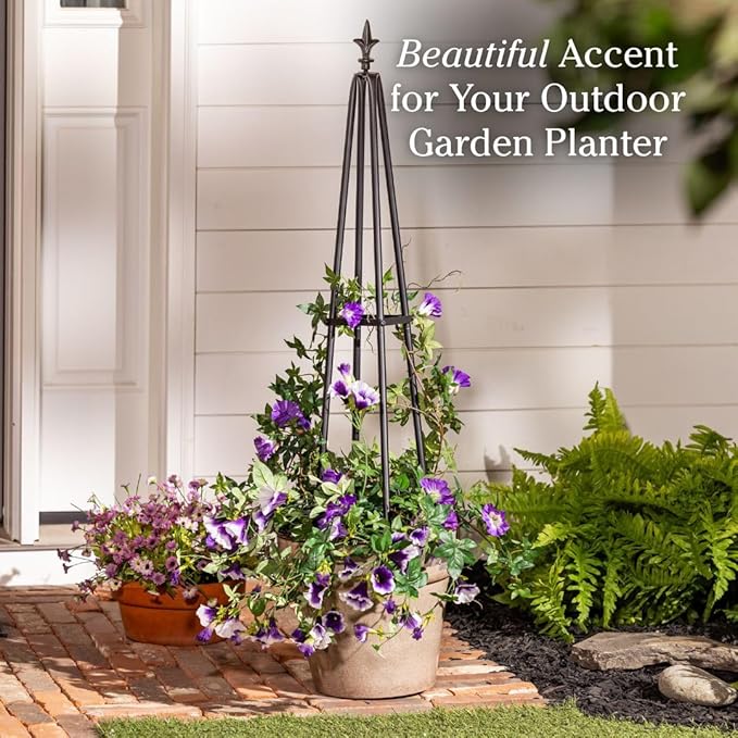 Evergreen Metal Garden Obelisk Trellis for Climbing Plants Outdoor, Indoor Plant Trellis for Potted Plants, Floral Pattern Arch Trellis (Black, 6 ft. Pyramid, Set of 2)