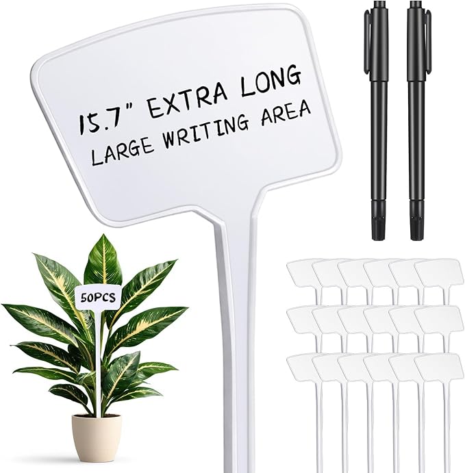 Chunful 50 Pcs Large Plant Label Signs 15.7 Inch Plant Markers Plastic Garden Label Stakes Waterproof T Type Tags Nursery Garden Signs with Marker Pen for Flower Herb Pot
