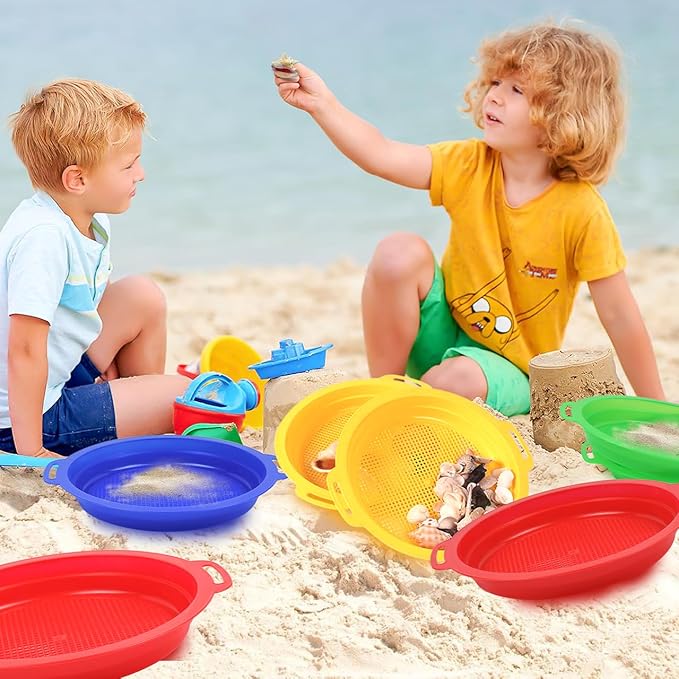 Sand Sifters Sieve for The Beach Sand Toys (Red, Blue, Yellow & Green) Complete Gift Set Bundle-8 Pack(8.75x 9.75in)