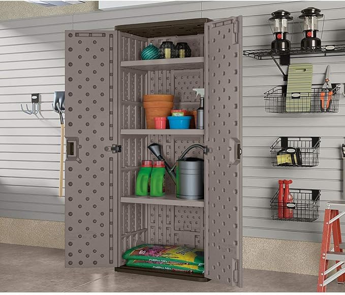 Suncast Tall Storage Cabinet, Platinum Resin Garage Storage Cabinet with Doors & Shelves, Plastic, Lockable, Freestanding Utility Closet for Tools & Supplies, Made in USA