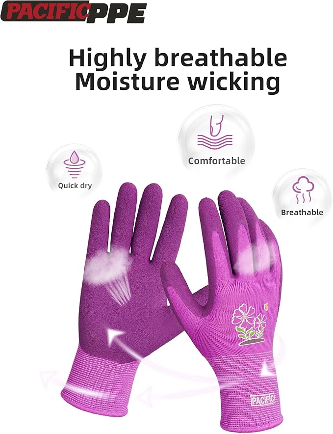 PACIFIC 6 Pairs Gardening Gloves for women, Rubber Coated Garden Gloves, Ladies Yard Work Gloves, Breathable, Purple, Medium
