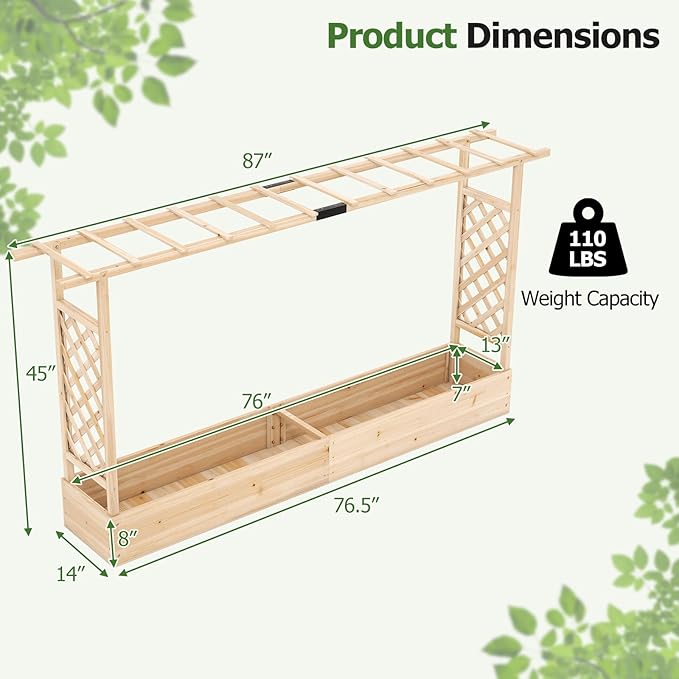 HAPPYGRILL Raised Garden Bed with Trellis, Freestanding 45" Wood Planter Box w/Hanging Roof & 8 Drainage Holes for Vine Climbing Plants Flowers, Outdoor Wood Elevated Garden Bed for Patio Yard