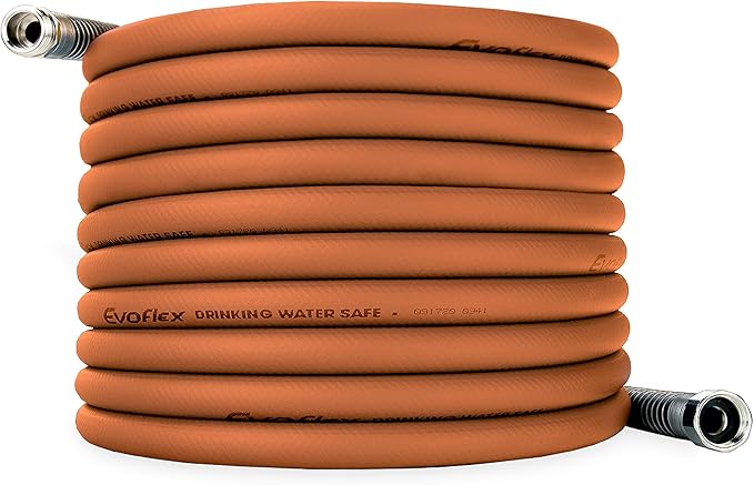 Camco EvoFlex 50-Ft Water Hose - RV Drinking Water Hose Contains No Lead, No BPA & No Phthalate - Flexible Design w/Stainless Steel Strain Relief Ends - 5/8” Inside Diameter, Brick (22587)