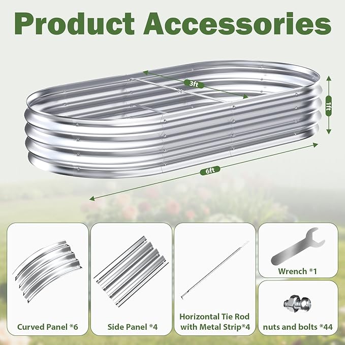 Galvanized Raised Garden Bed Outdoor, 6x3x1ft Metal Heavy Duty Planter Boxes for Gardening, Easy Assemble Large Oval Plant Container Kit for Vegetables, Flowers, Fruits, Silver, 1 Pack