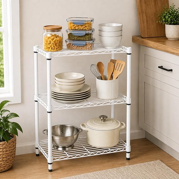 Honey-Can-Do 3-Tier Heavy-Duty Adjustable Shelves, Metal Storage Rack with 250-lb Shelf Capacity, White, 14" W x 24" L x 30" H
