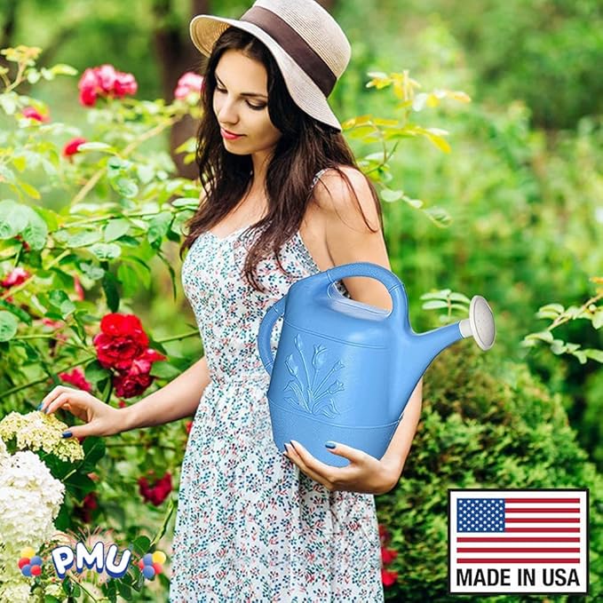 PMU 2 Gallon Watering Can - Garden Watering Can for Indoor & Outdoor Plants - Plastic Water Can with Detachable Sprinkler Head - Large Water Pot, Made in USA - Blue Pkg/12