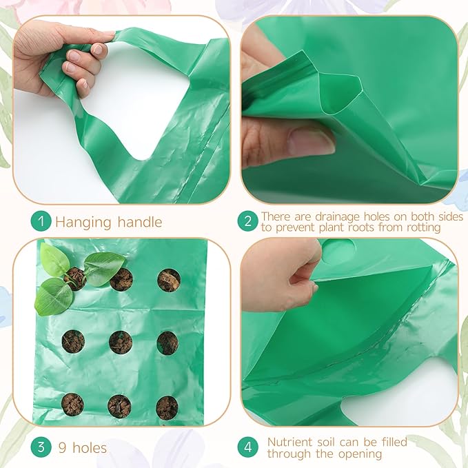 30 Pack Hanging Strawberry Planter and Flower Grow Bags with 9 Holes, Large 21" Fence Planter Pouches, Upside-down Garden Bags for Flowers, Strawberries, Tomatoes, 3.5-5kg Weight Capacity, BPA-Free