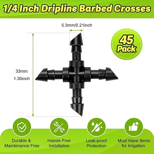 45 Pack 1/4" Drip Irrigation Cross Fittings, 1/4'' Dripline Barbed Cross Tee Connectors for 1/4 Inch Irrigation Tubing 4-way T Parts for Garden Drip Systems