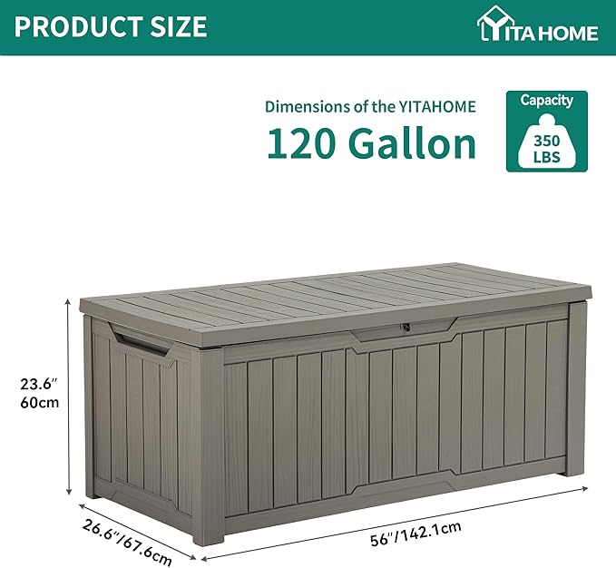 YITAHOME 120 Gallon Resin Deck Box, Weather Resistant Outdoor Storage Box for Patio Cushions, Garden Tools, Pool Supplies, Lockable, Easy Assembly, Extra Seat or Table (Light Brown)