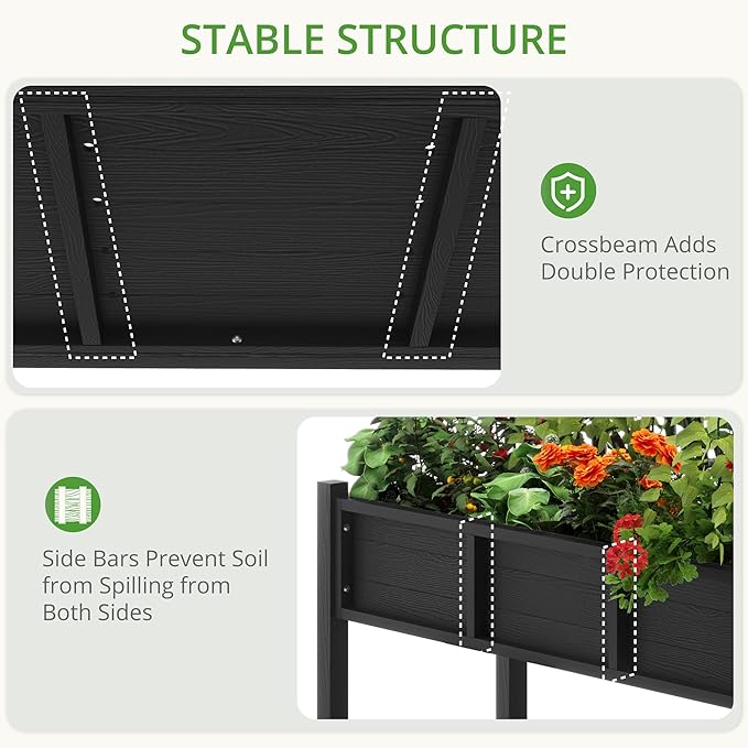 LUE BONA Raised Garden Bed with Tools, 45*18*29 in, Poly Elevated Planter Box with Legs And Storage Shelf, Weather Resistant, 3-Year Warranty, Standing Growing Bed Herb Planter for Vegetable, Black